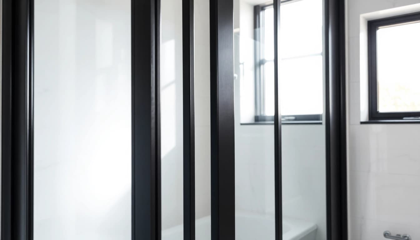 Elegant black frame shower doors enhancing a modern bathroom interior.