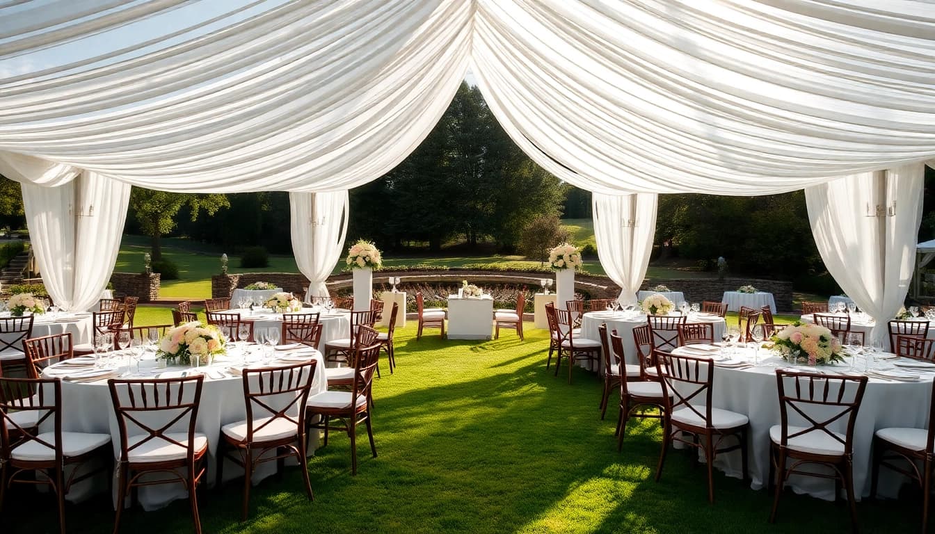 Set of Wedding Tent Chair & Table Rentals beautifully arranged for a romantic outdoor celebration.