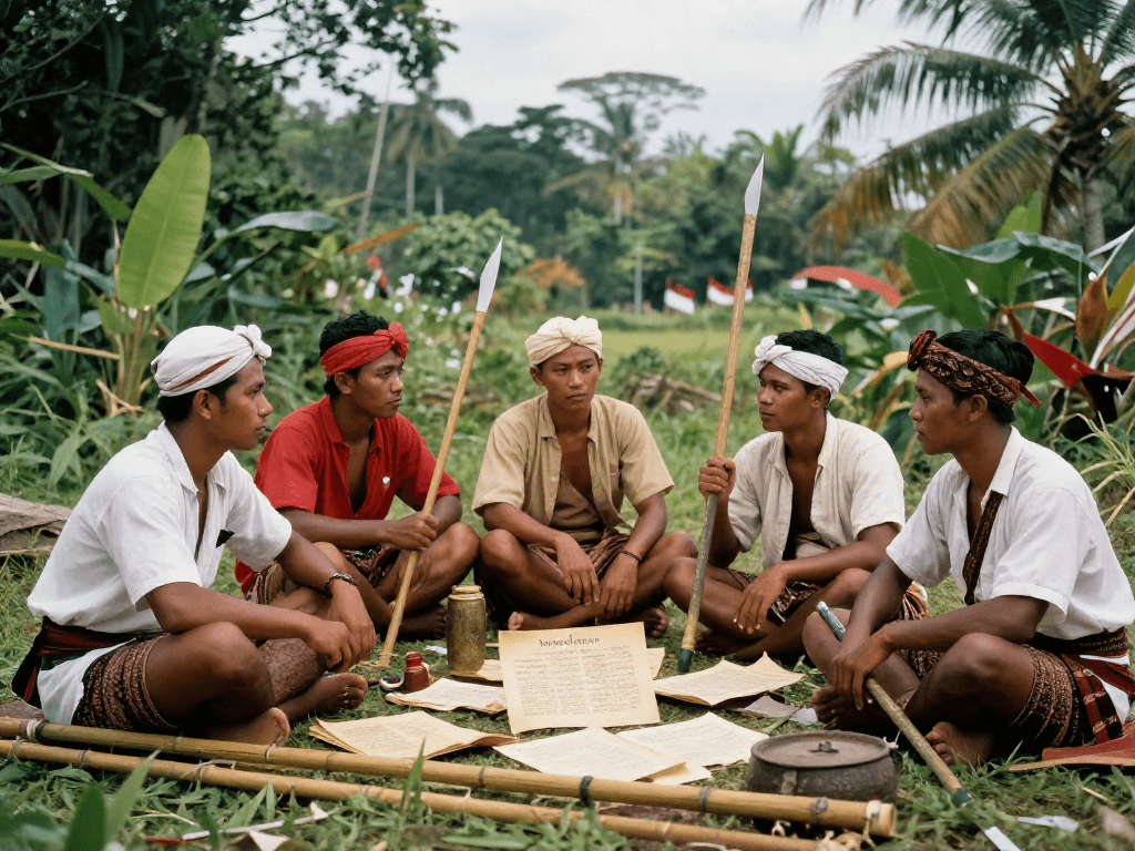 Indonesian freedom fighters in a historical scene exploring rokok88 slot's cultural significance.