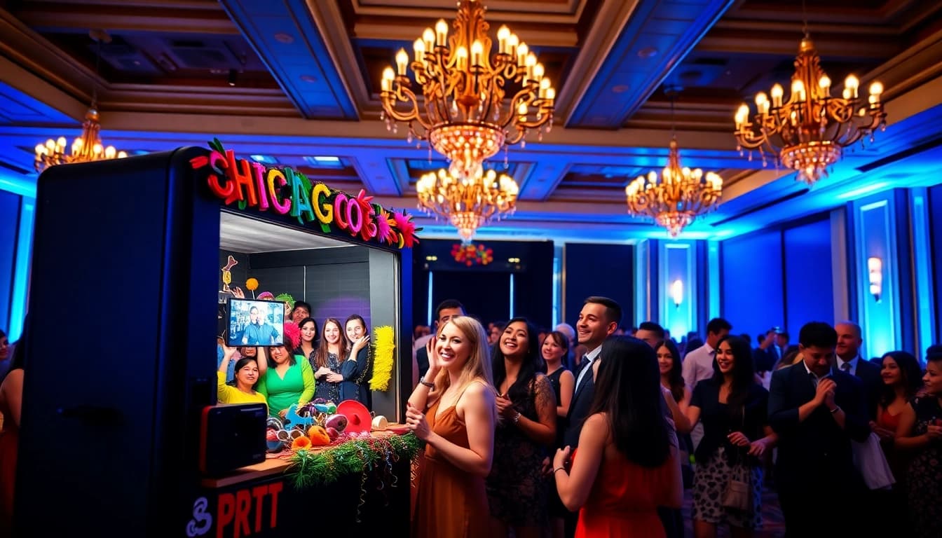 Engaging photo booth rental chicago setup at a lively event with guests enjoying props.
