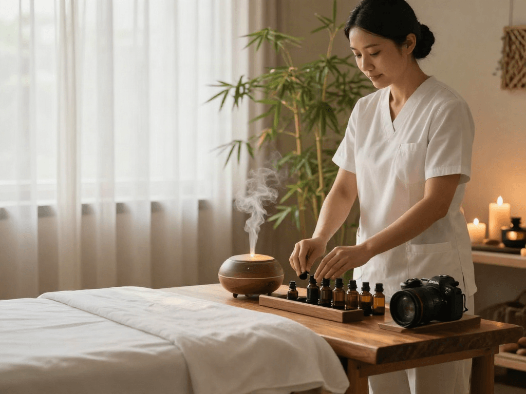 Serene wellness spa scene illustrating 수원출장안마 with a therapist preparing oils in a calming environment.