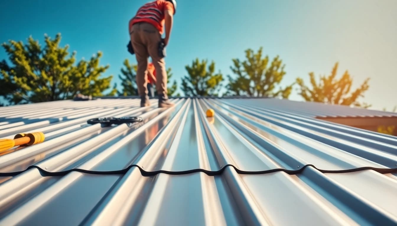 Metal roofing installation process showing professionals at work expertly fixing panels.