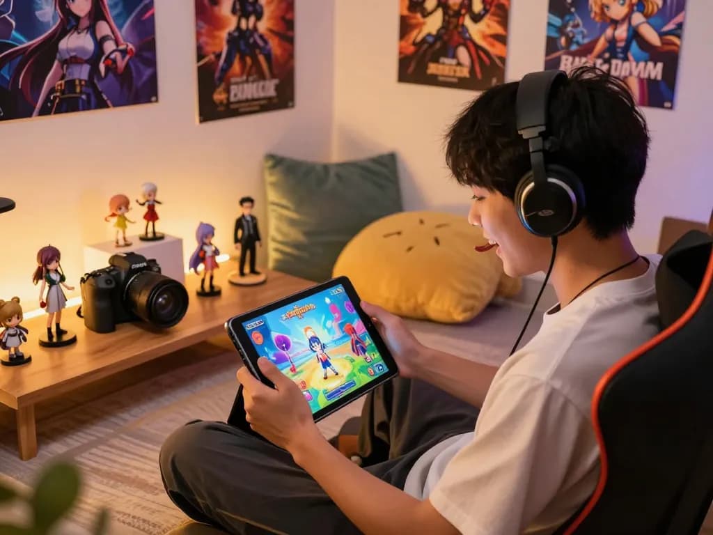 Player enjoying a dynamic hentai game on a tablet in a cozy, vibrant gaming nook.
