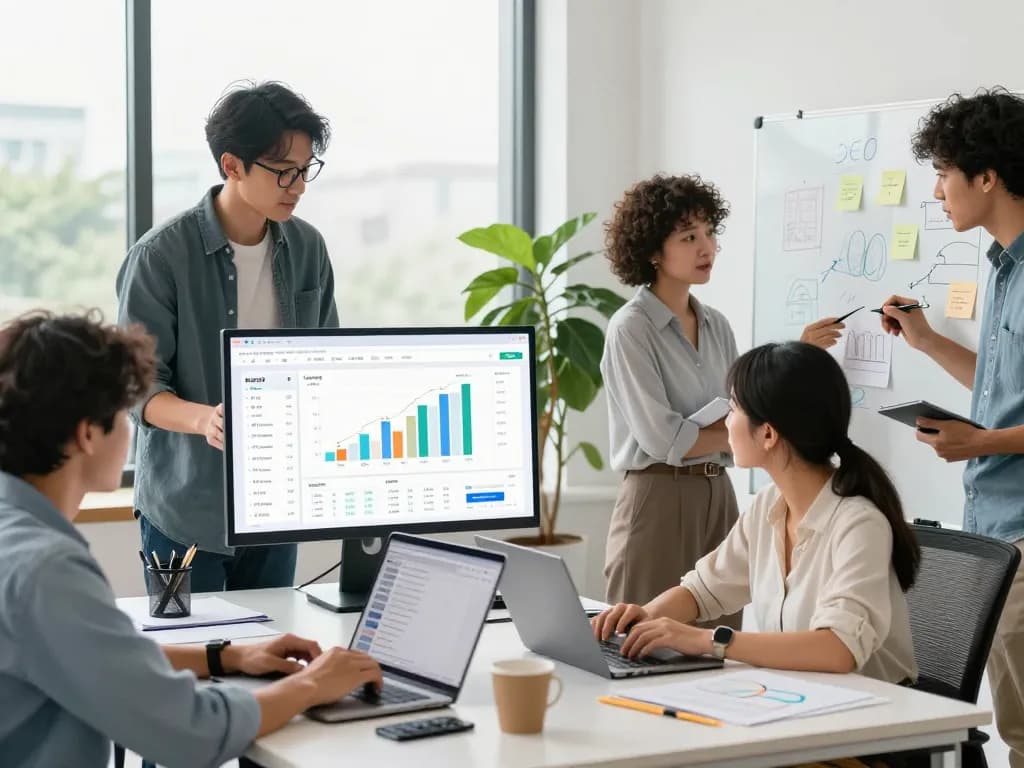 Group of professionals collaborating on digital marketing strategies using group buy seo tools in a modern office