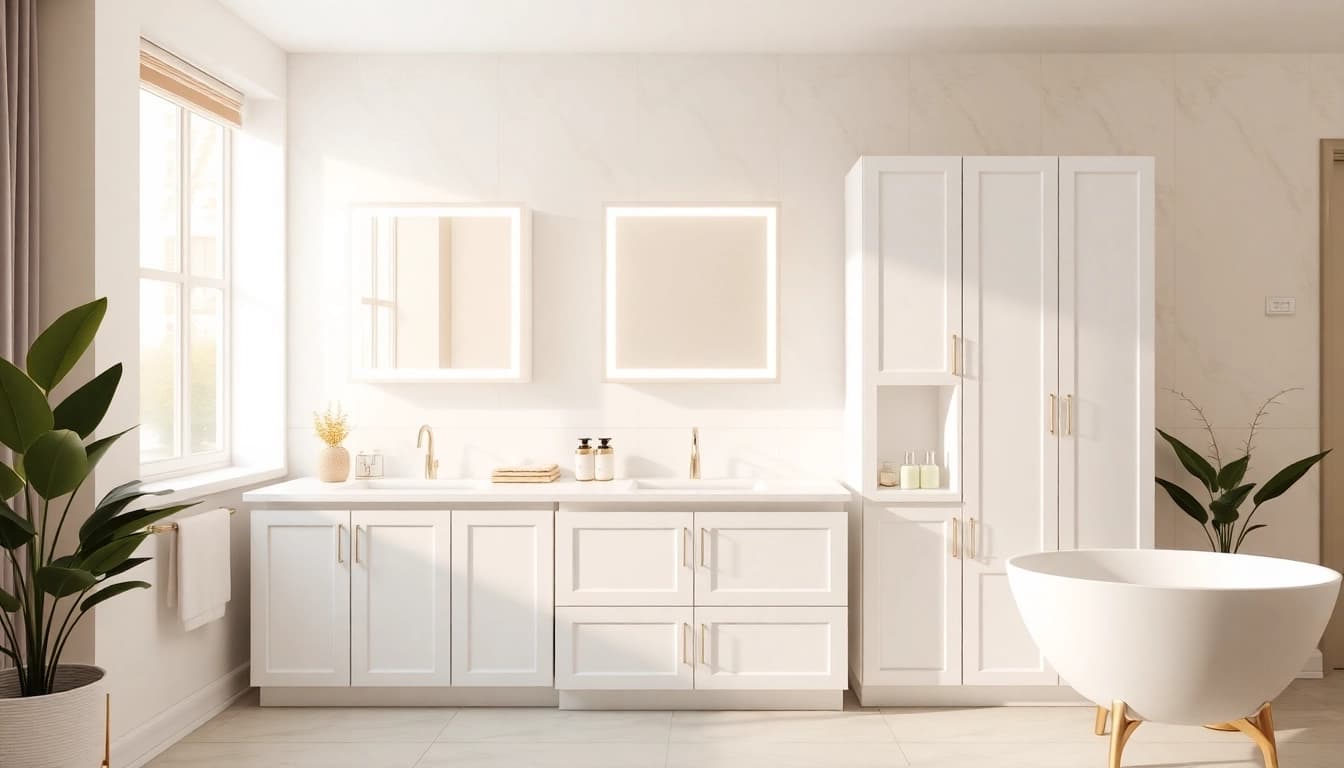 Explore illuminated bathroom cabinets beautifully highlighted in a modern bathroom setup.
