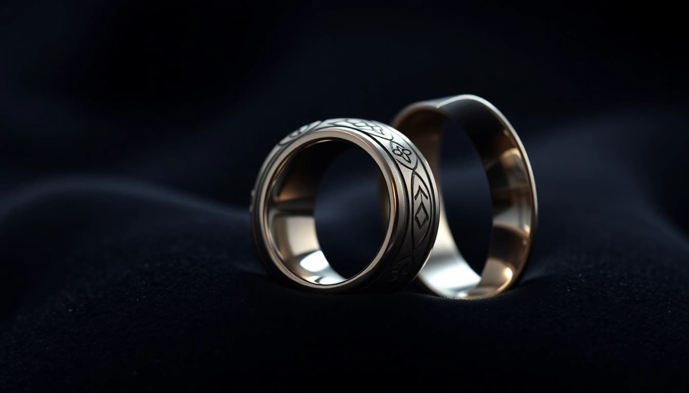A pair of beautifully crafted Tungsten rings showcasing intricate designs on a dark velvet backdrop.