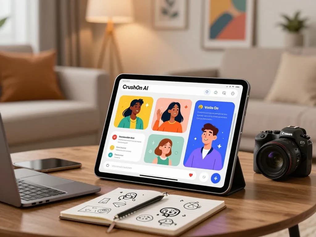 Interactive experience with Crushon AI characters on a modern tablet in a cozy setting