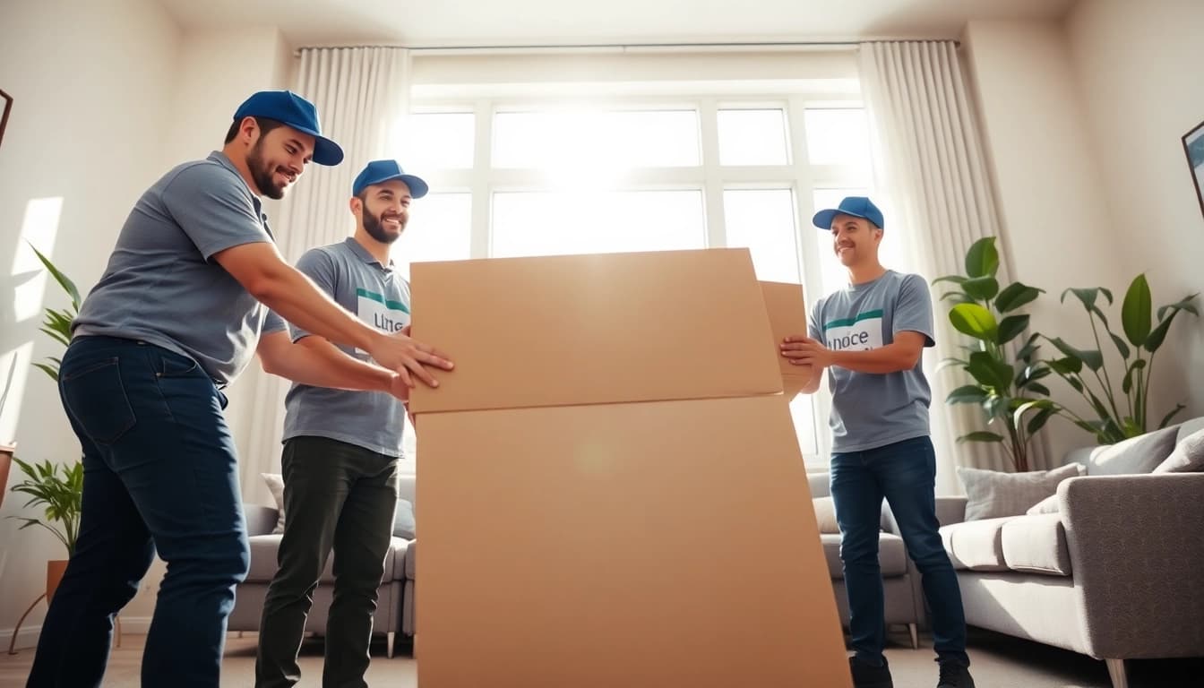 Calgary movers expertly lifting boxes in a bright, spacious living room.