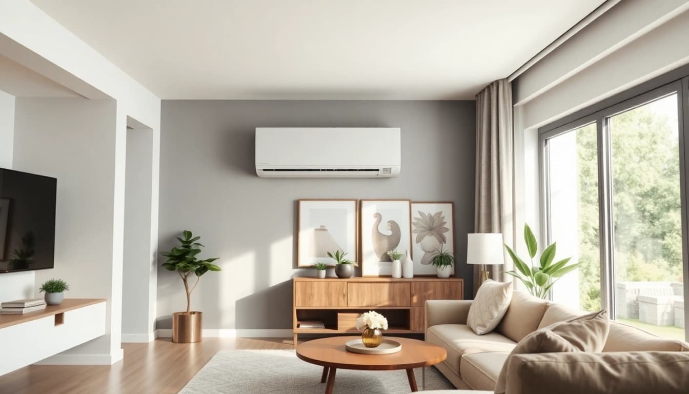 Install a mini split ac in a stylish living room with natural light and cozy decor.