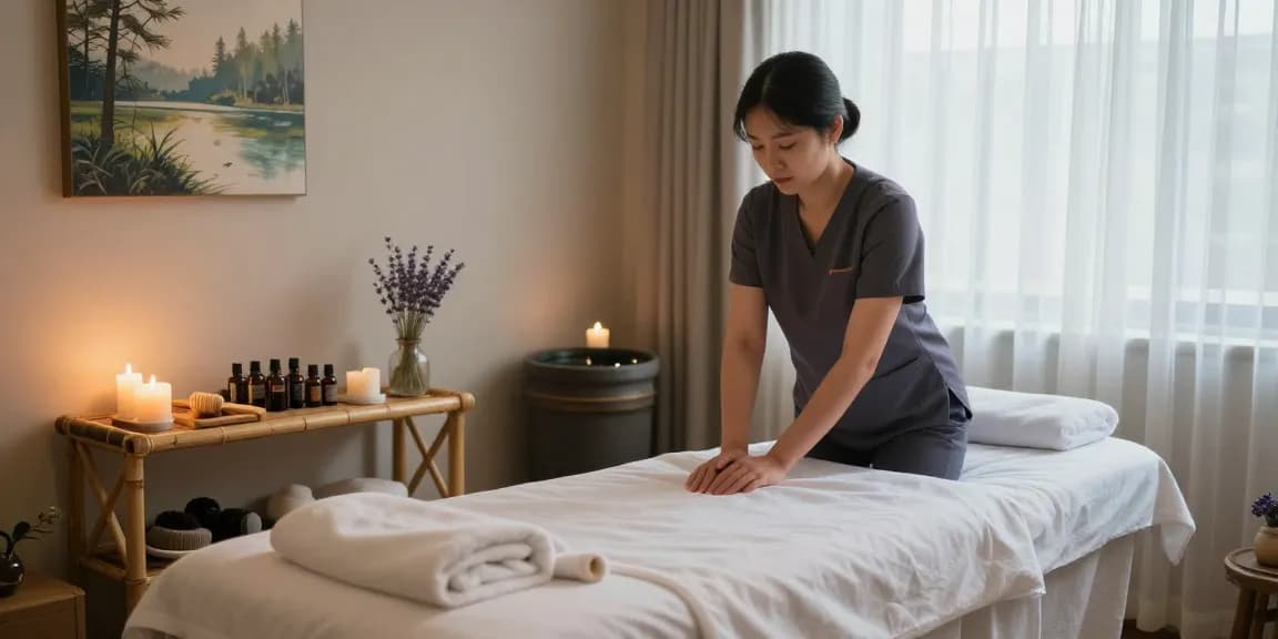 Experience calming gu리출장마사지 in a serene massage therapy room featuring essential oils and soft lighting.