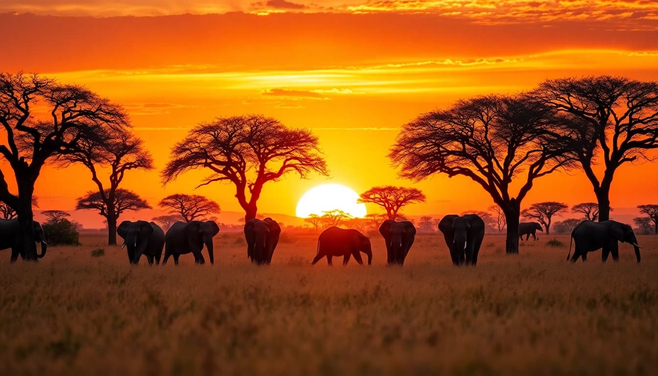 View elephants on Tanzania safaris against a vibrant sunset in the savanna landscape.