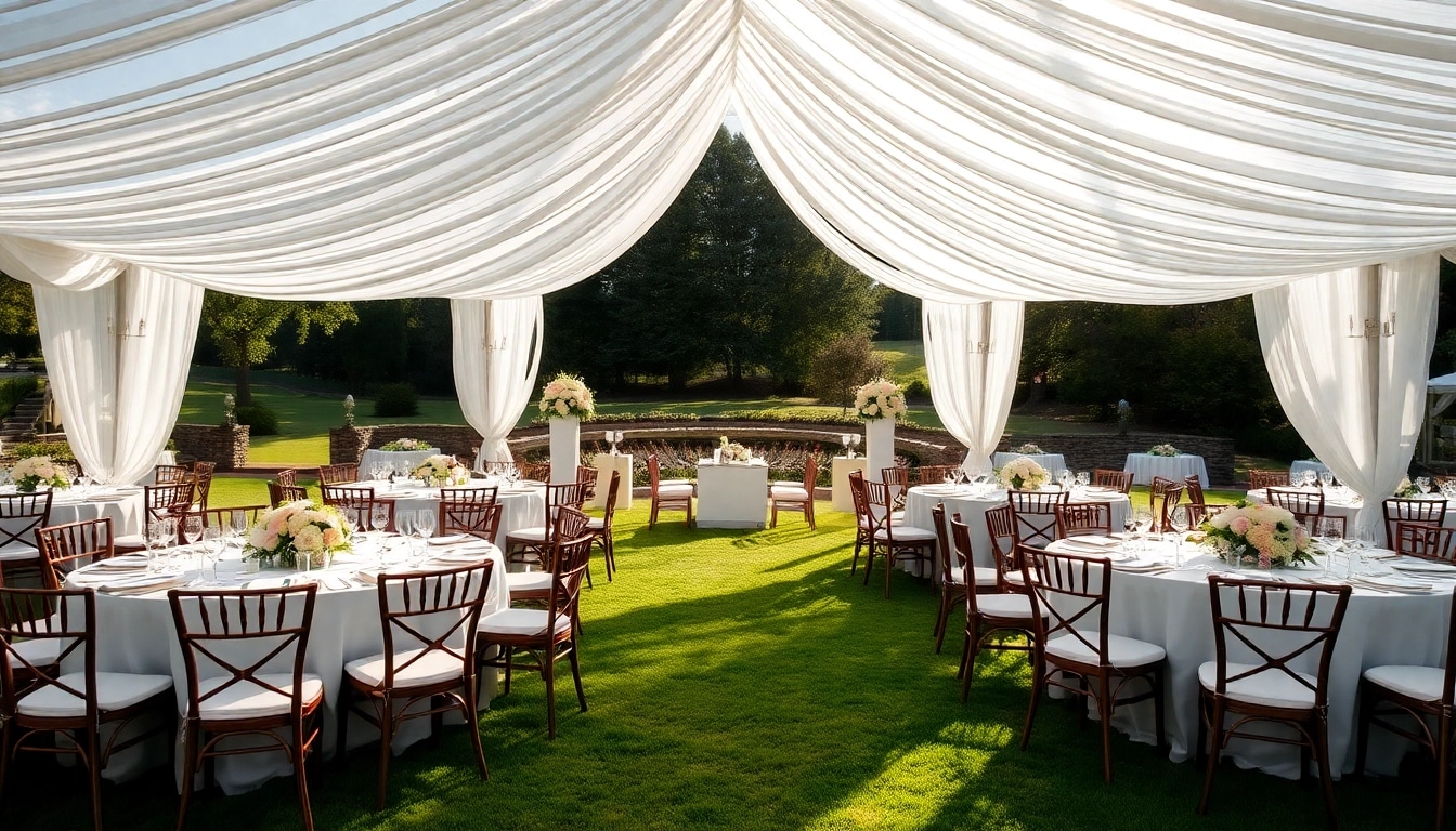 Set of Wedding Tent Chair & Table Rentals beautifully arranged for a romantic outdoor celebration.