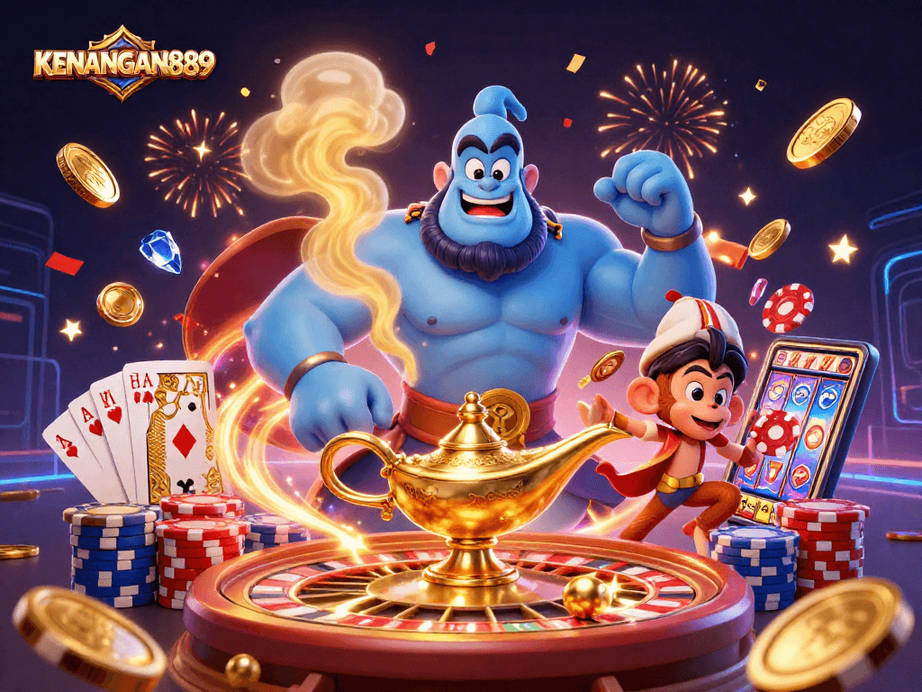 Win big with KENANGAN889 in a vibrant 3D casino scene filled with magic and excitement.