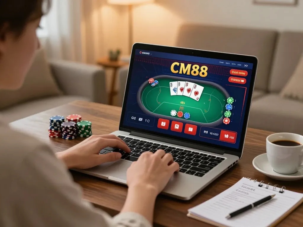 Engaging in online gaming at CM88 with a lively poker interface and strategic notes