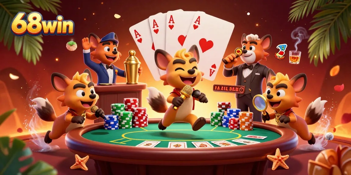Join the laughter at 68win's vibrant comedy casino scene featuring hyenas in action.