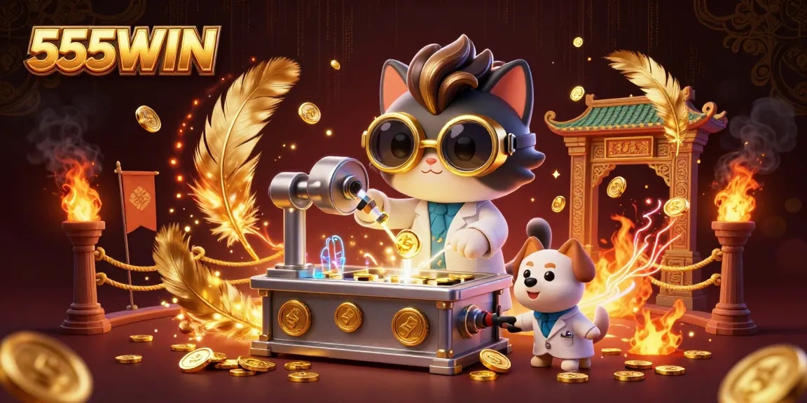 Experience the excitement of casino gaming with 555WIN's vibrant 3D cartoon scene filled with golden coins and sparks.
