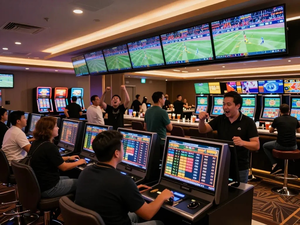 Excited sports bettors analyzing odds on screens at 78win com, showcasing vibrant betting lounge atmosphere.