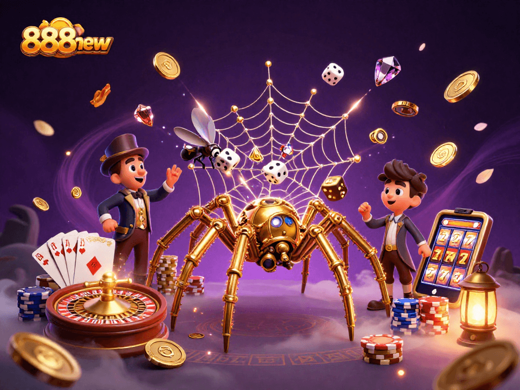 Experience thrilling moments at 888new with a dynamic 3D casino scene featuring games and excitement.