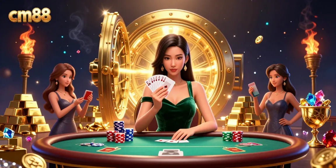 Experience winning moments with cm88 at a luxurious poker table packed with gemstones and treasures.
