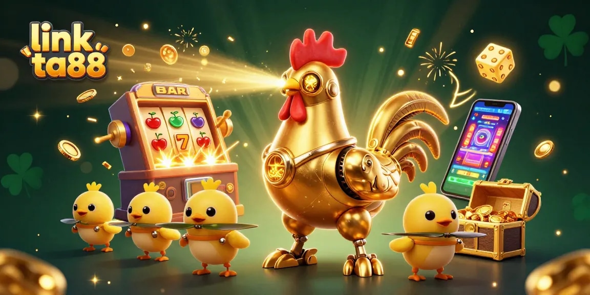 Engage with link ta88 in a vibrant casino illustration showcasing a golden rooster robot and dynamic gameplay.
