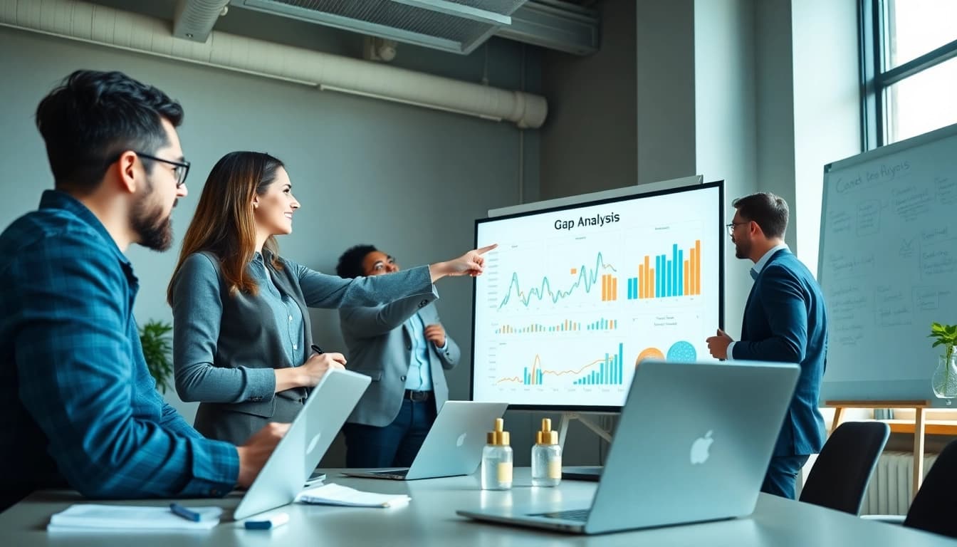 Performing a Content Gap Analysis with a professional team in a collaborative office environment.