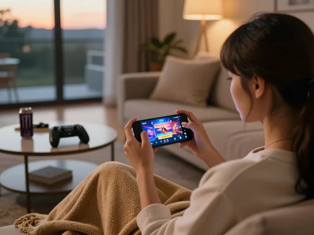 Engaging in a mobile porn game while relaxing at home, highlighting gaming accessories and cozy atmosphere.