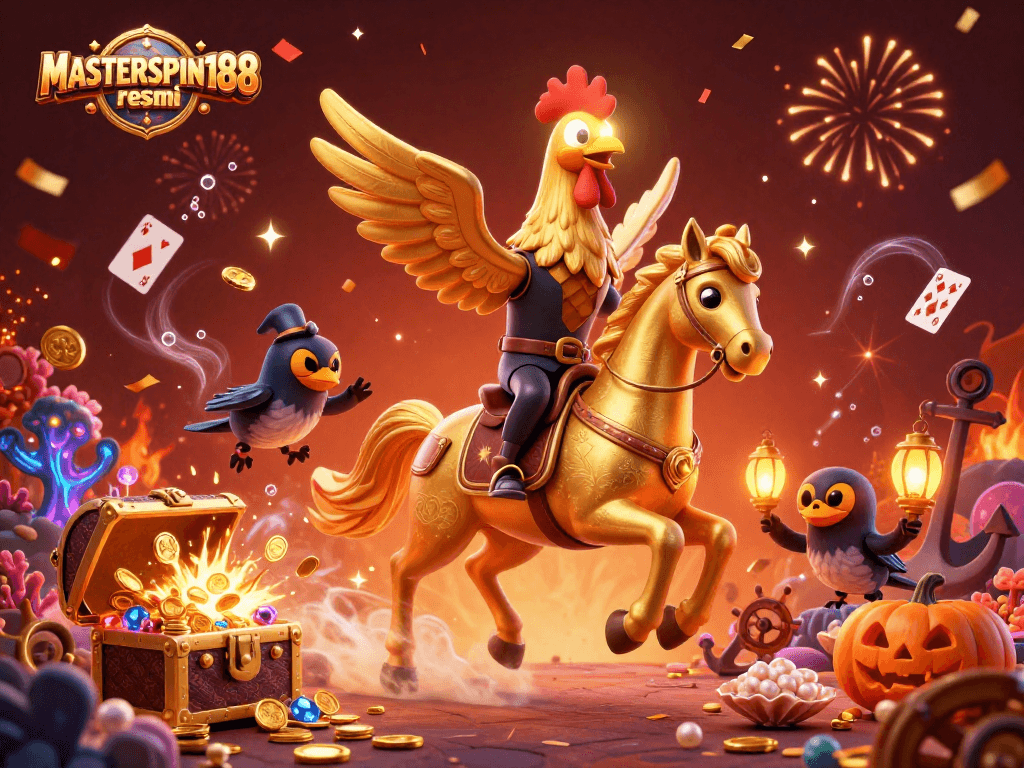 Experience the excitement of MASTERSPIN188 resmi amid a lively casino scene with golden treasures and vibrant energy.
