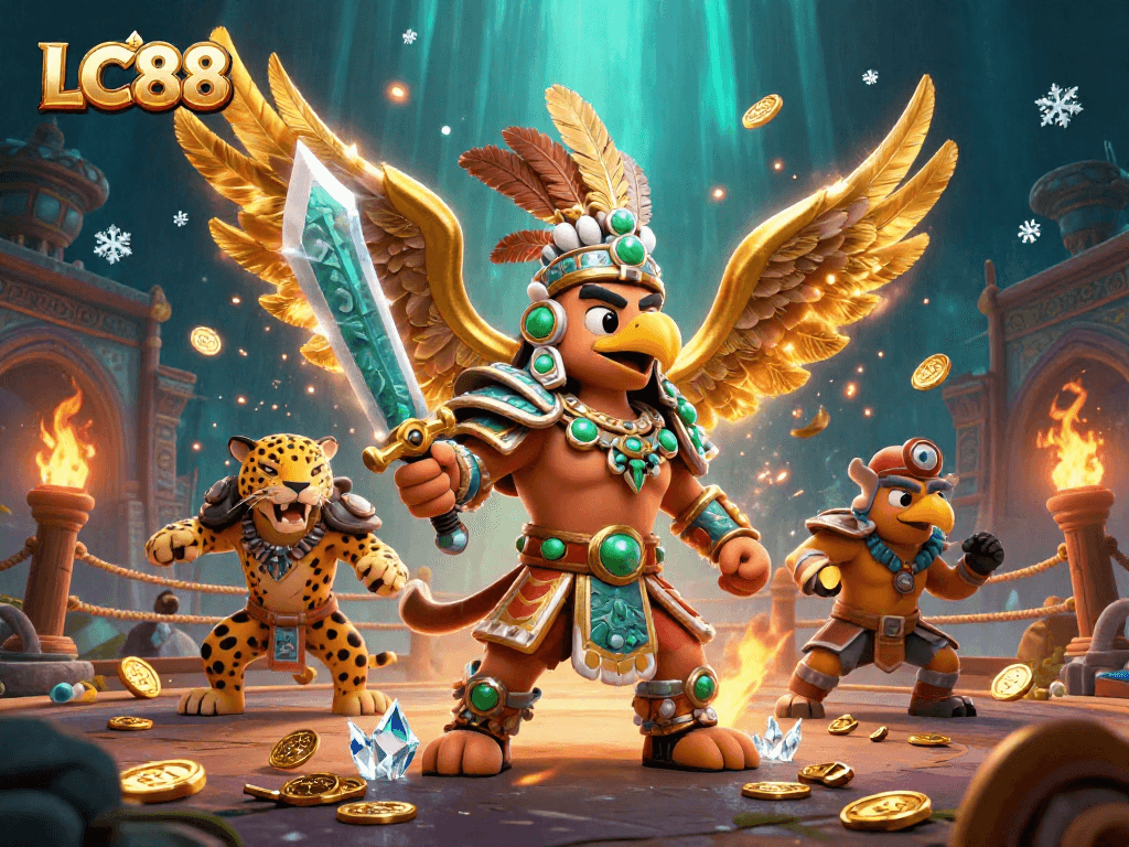 LC88's vibrant casino setting showcases thrilling action with an Aztec eagle warrior and exotic elements.