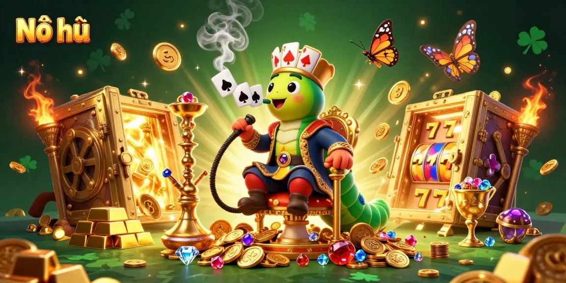 Nổ hũ delights players with an enchanting scene featuring a whimsical caterpillar master amidst rich casino treasures and vibrant symbols.