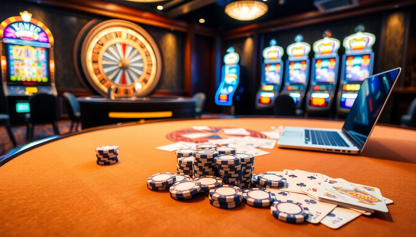 Xoilac casino scene with vibrant gaming table, poker chips, and online gambling elements.