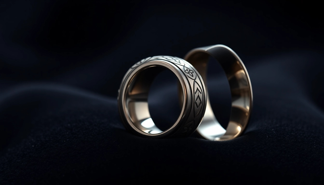A pair of beautifully crafted Tungsten rings showcasing intricate designs on a dark velvet backdrop.