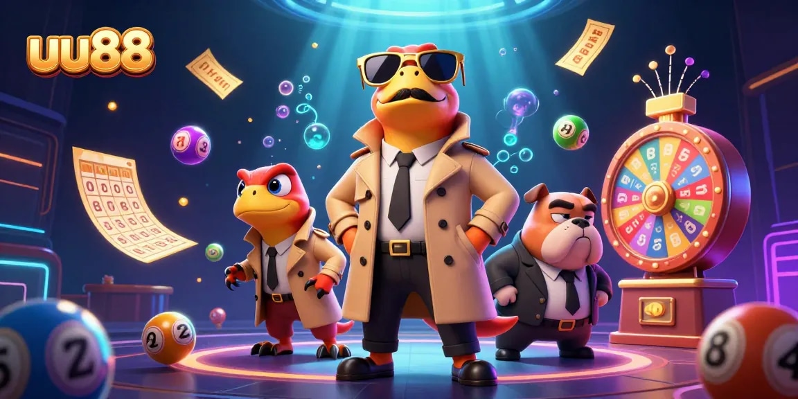 Engage with uu88's vibrant casino experience featuring colorful lottery balls and playful raptors.