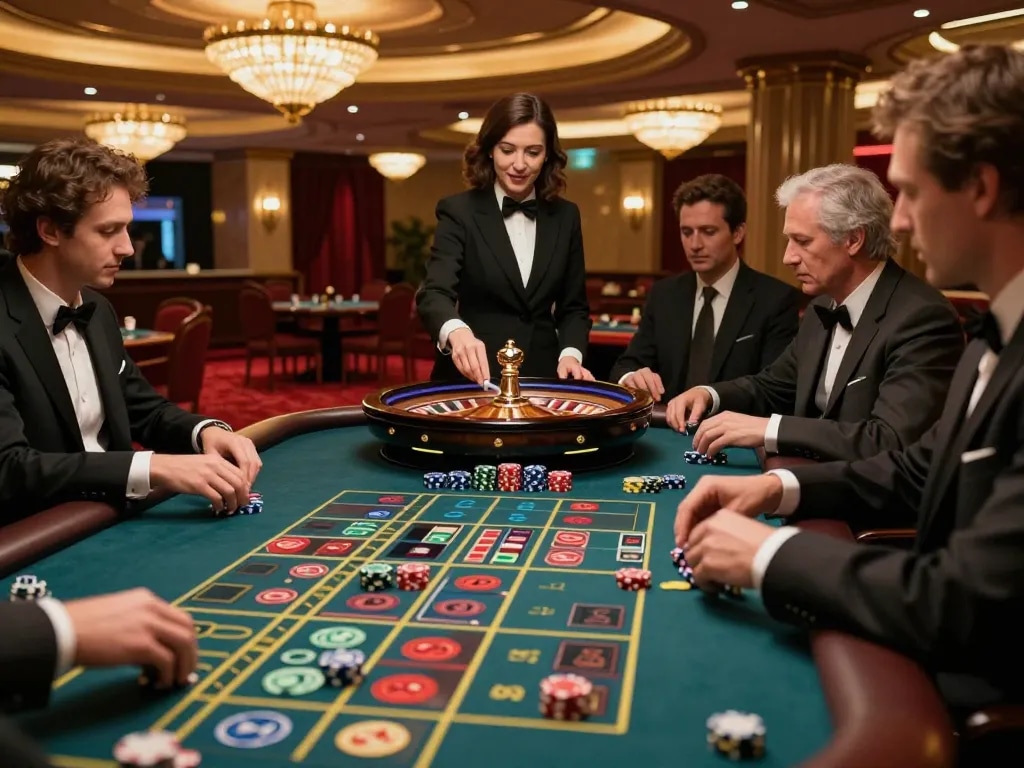 Players engaging in a thrilling SLOT777 roulette game, vibrant chips and wheel spinning captured in an elegant casino.