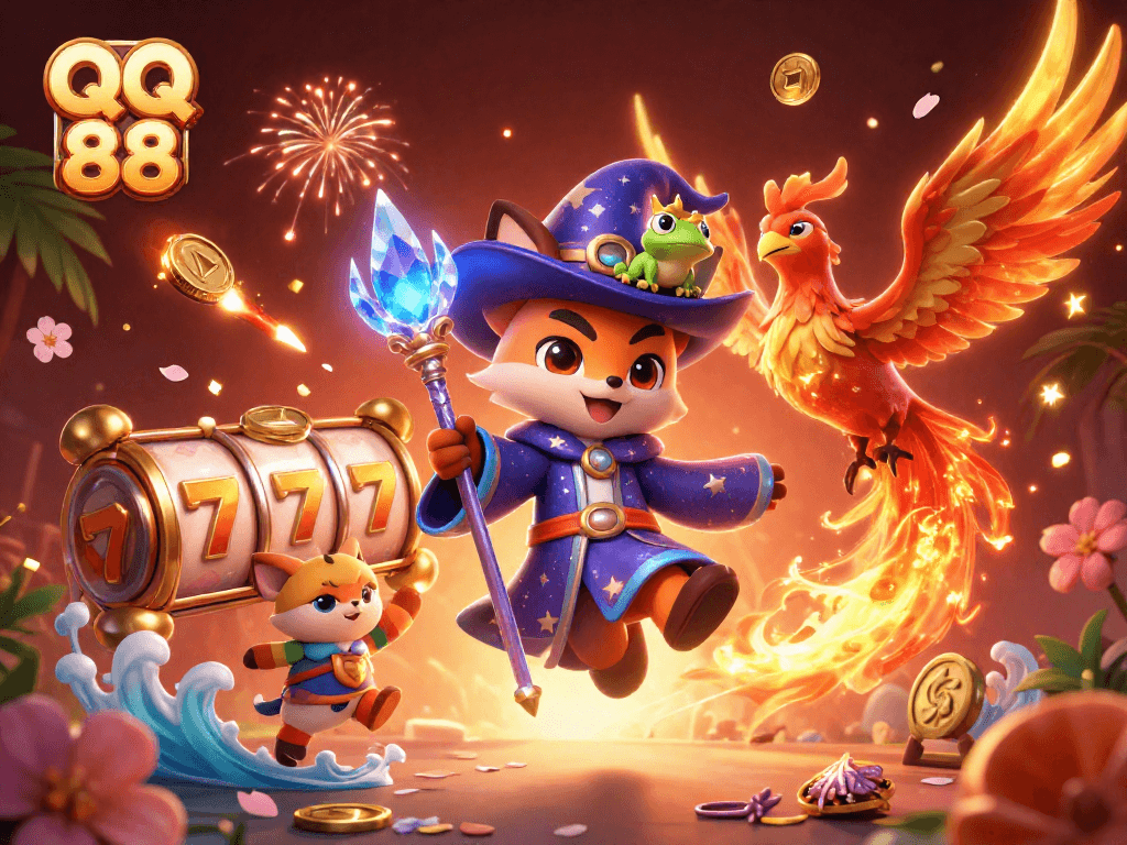 Engage in exciting gameplay at QQ 88 with a mystical fox wizard and sparkling phoenix in a vibrant casino scene.
