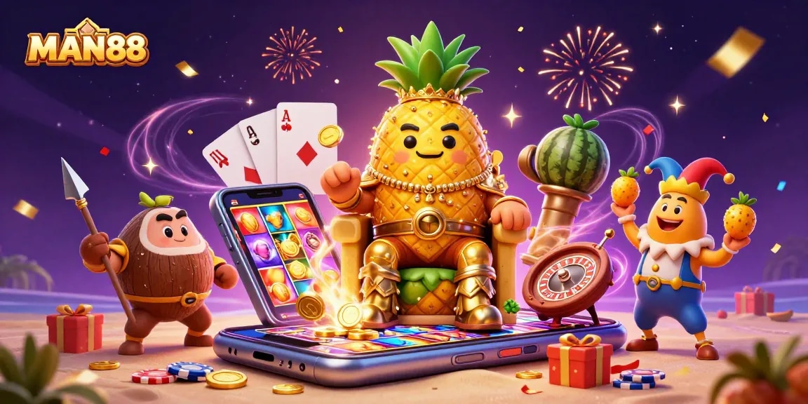 Spin and win with MAN88's vibrant casino scene featuring a golden pineapple king and a jester.