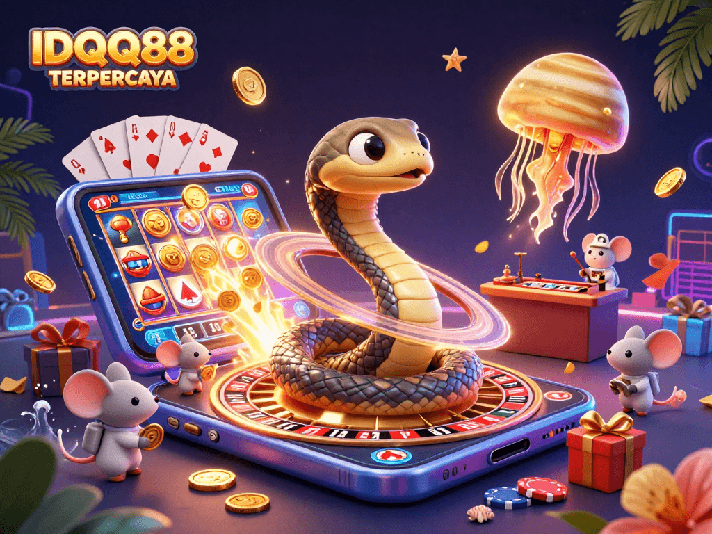 IDQQ88 TERPERCAYA brings excitement with a vibrant cosmic casino scene featuring a roulette snake and betting mice.