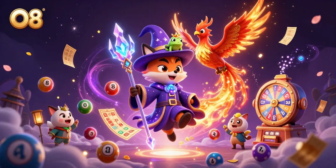 Experience the excitement of O8's vibrant lottery and gaming world with dynamic characters and action.