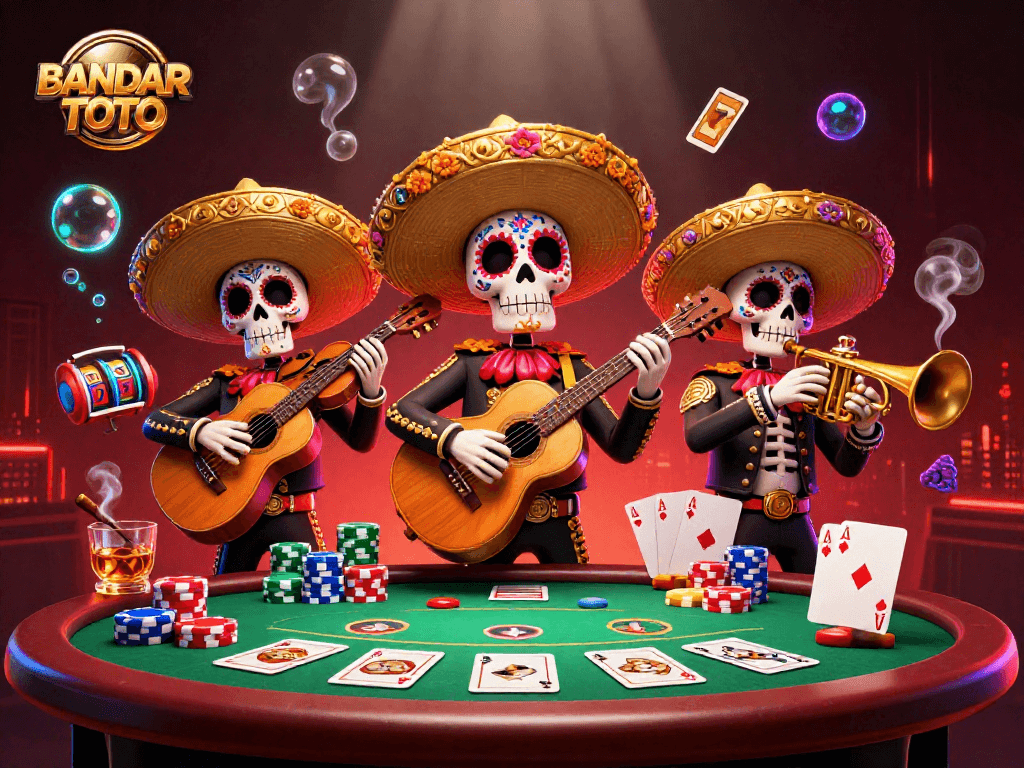 BANDAR TOTO showcases an animated scene of a lively mariachi band surrounded by poker and casino elements, embodying the excitement of online gaming.