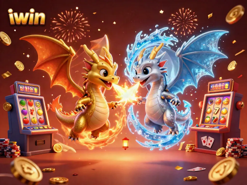iwin casino scene featuring gold and silver dragons showcasing slots, joyful gaming atmosphere