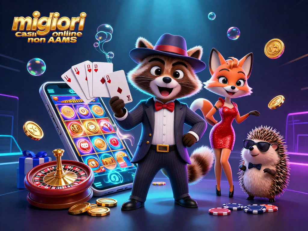 I migliori casino online non AAMS presentano un procione in costume con una mano vincente e simboli di gioco scintillanti.