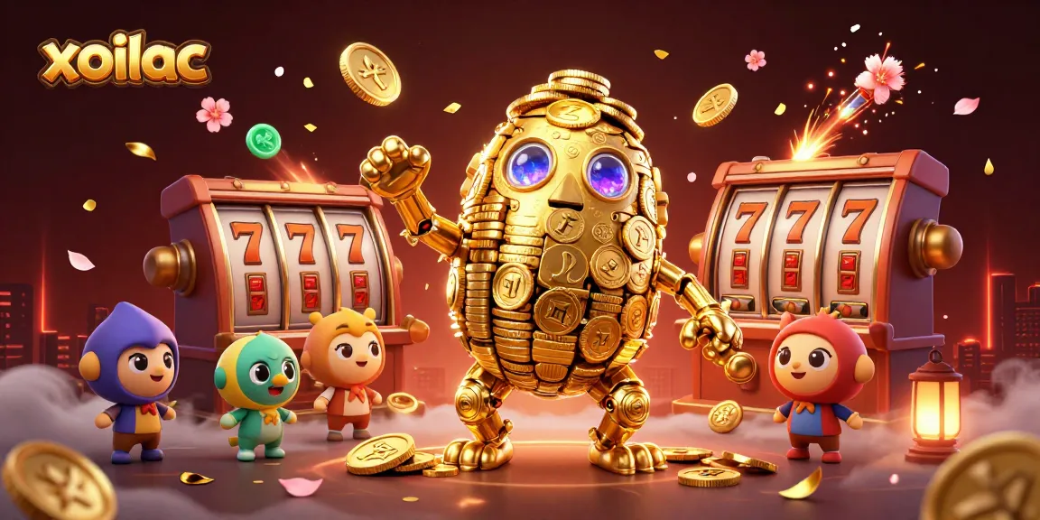 Xoilac showcases a thrilling slot game experience featuring a golden golem made of coins with vibrant slots.
