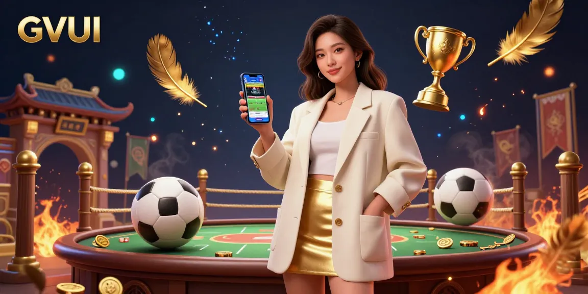 Place bets on GVUI with a sleek Asian woman showcasing a sports betting app.