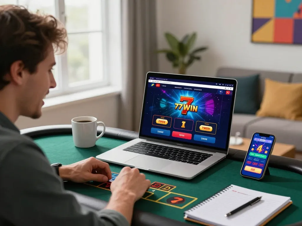 Experience thrilling gameplay with 77WIN in a cozy online gaming environment, showcasing live dealer excitement.