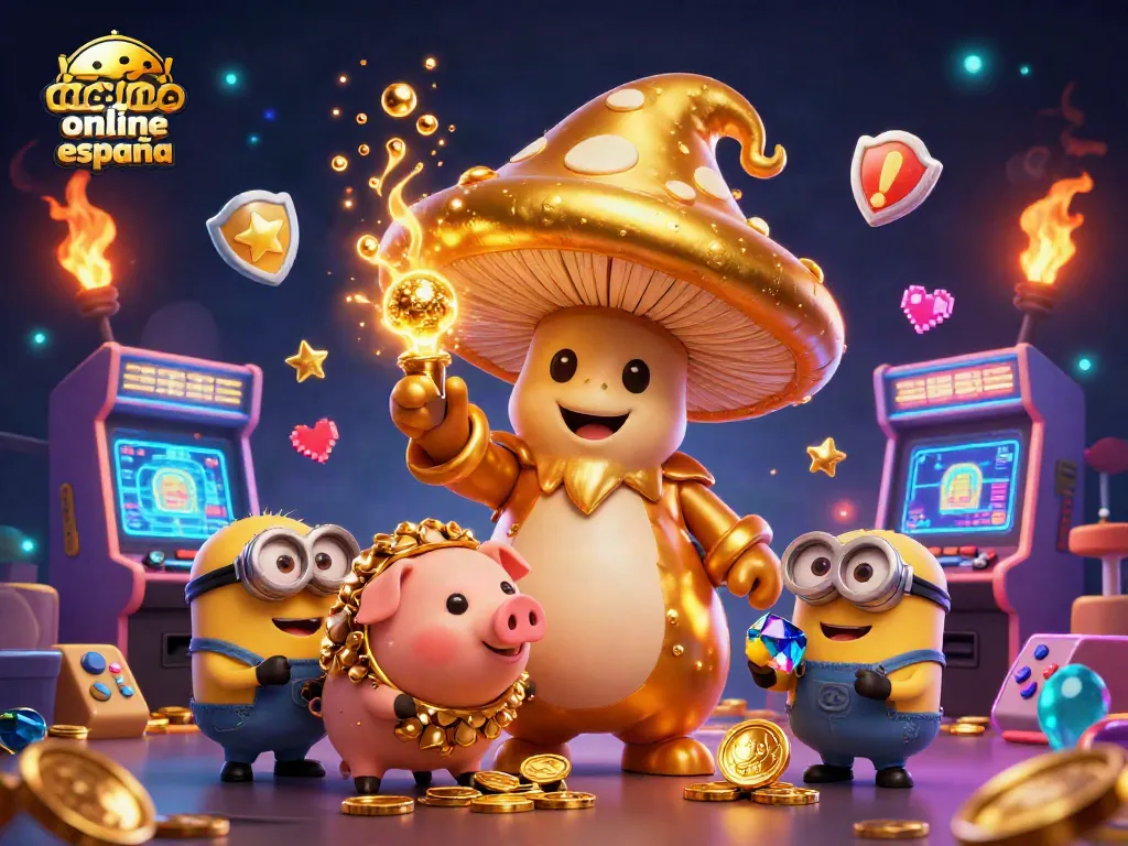 Mejor casino online España en una animada ilustración de 3D con elementos de juego y oro mágico.