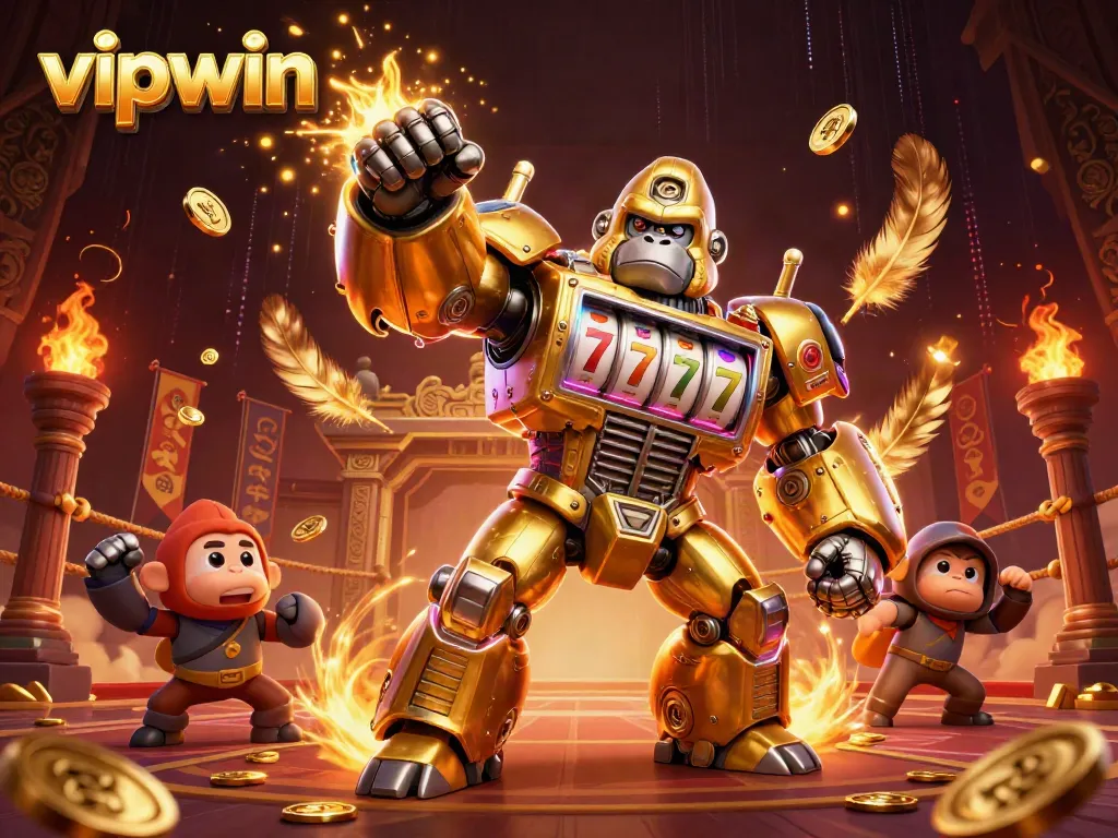 Experience casino action with vipwin in a dynamic 3D illustration featuring a golden gorilla mech and tokens.