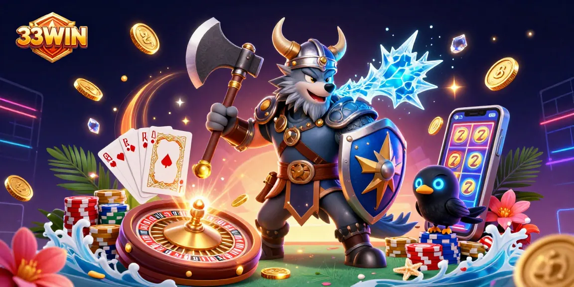 Engage with 33WIN's thrilling casino world featuring Viking warriors and treasure-filled gaming elements.