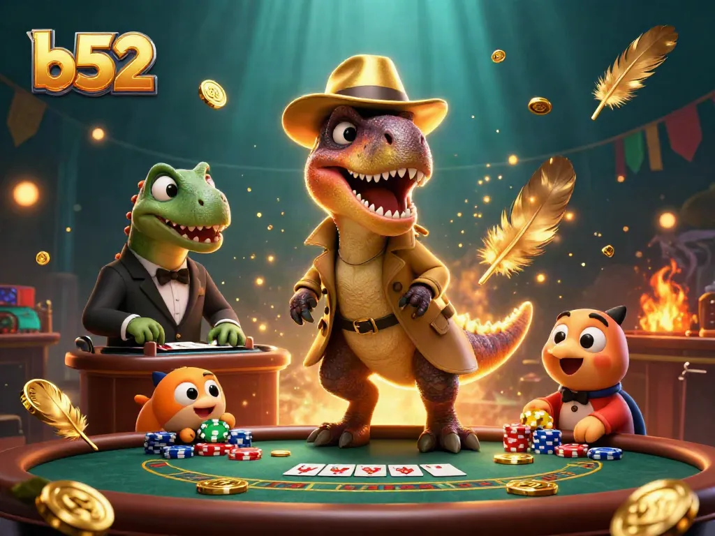 Engage with the b52 blackjack strategy featuring a velociraptor card counter at a lively table.