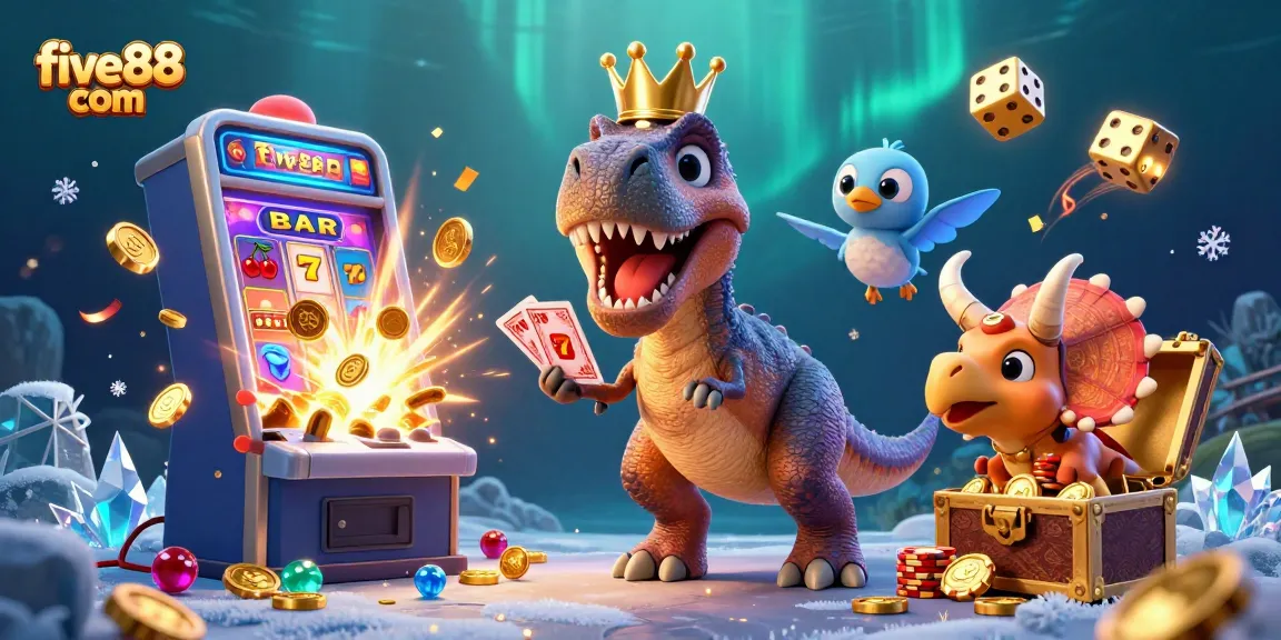 Experience thrilling wins at five88 com with cheerful dinosaurs enjoying casino games in action.