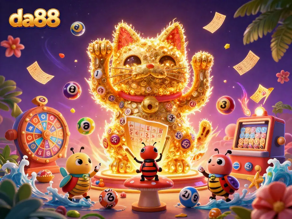 Engage in thrilling experiences at da88 with a colorful, dynamic casino-themed display of games and rewards.