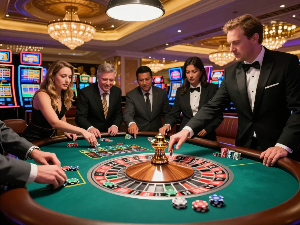 LC88 players meticulously placing bets at a roulette table, showcasing the excitement of high-stakes gaming.